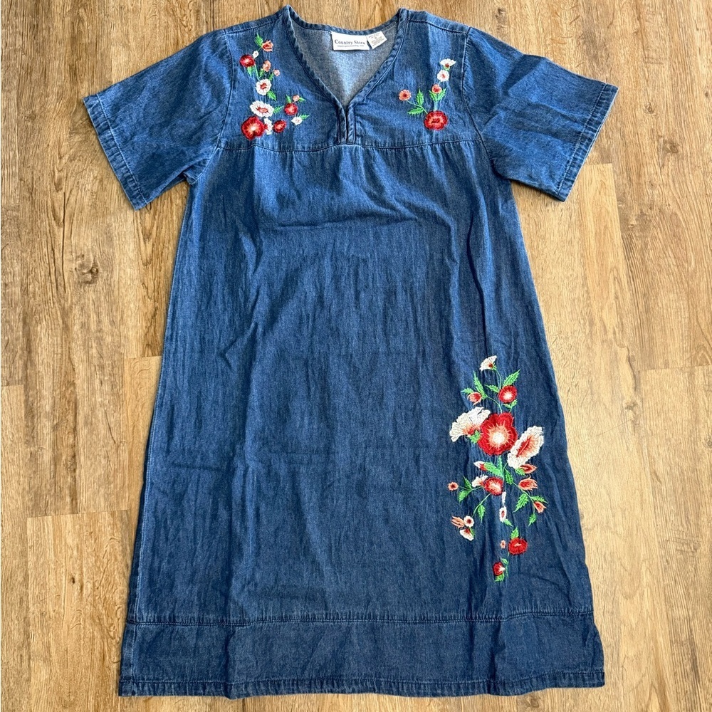 Country Store Floral Embroidered Denim Midi Dress